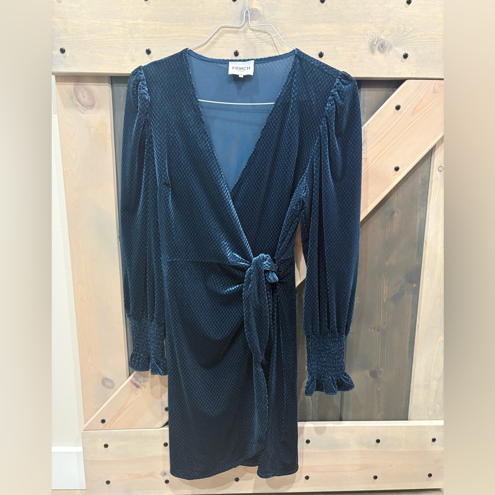 FRNCH Dark Blue Textured velvet Wrap Dress-washed and never worn